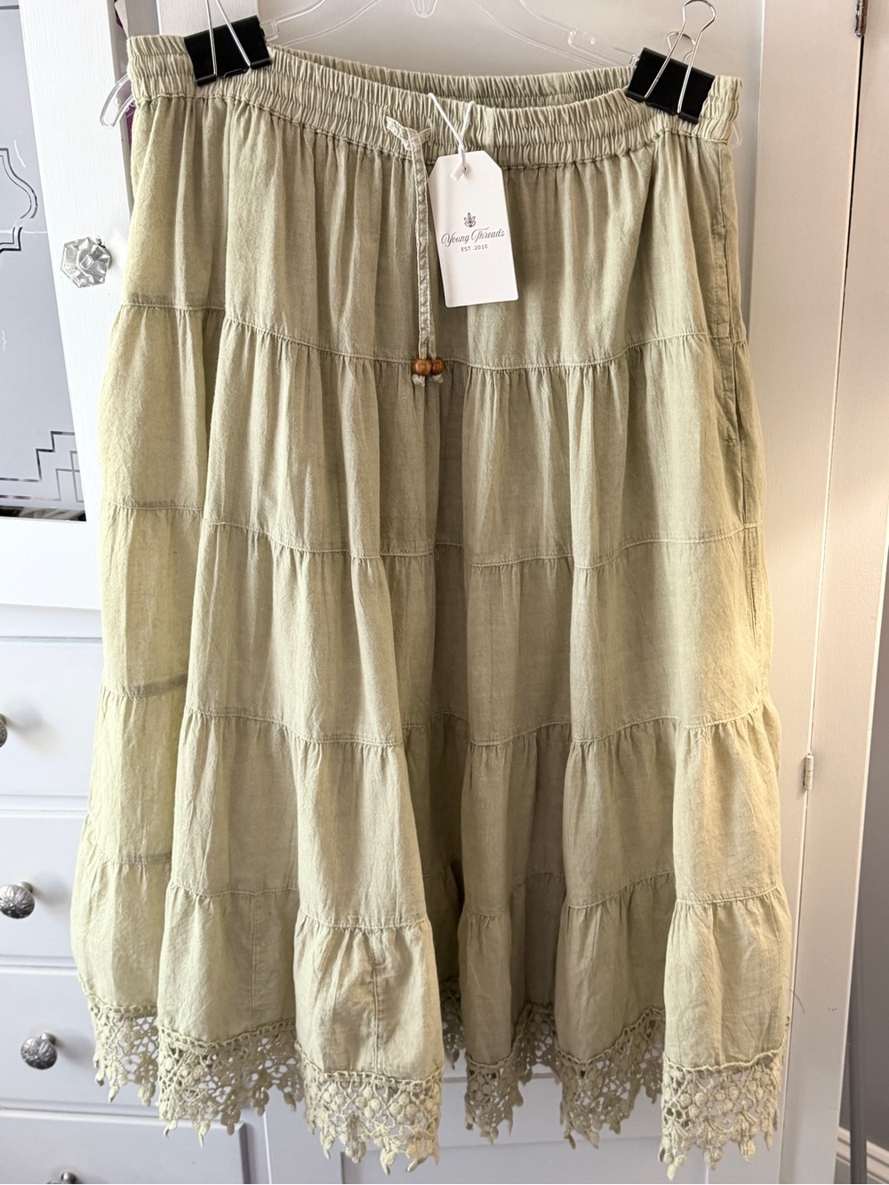 Young Threads Tiered A-Line Midi Skirt with Crochet Hem - Olive